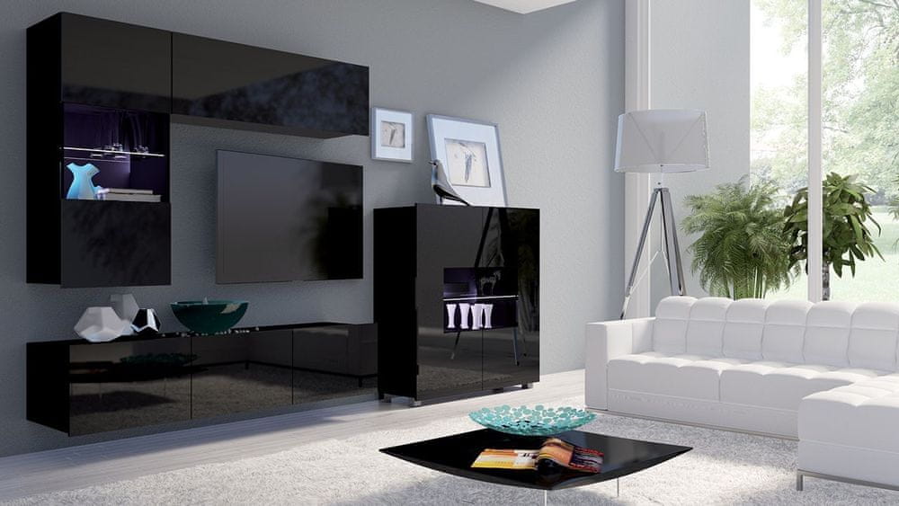 Veneti Obývacia stena s LED bielym osvetlením CHEMUNG 3 - čierna / lesklá čierna